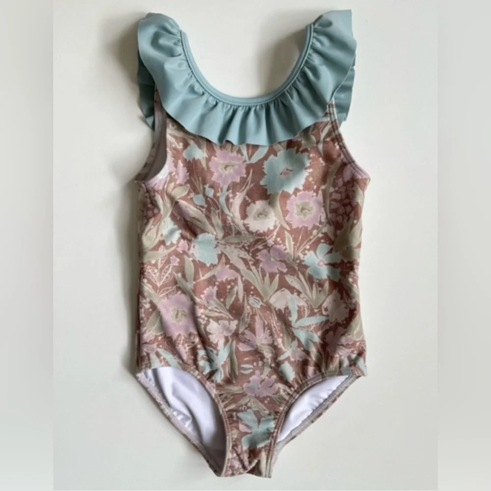 Girls Floral Ruffle One-Piece Swimsuit - Mint & Blush